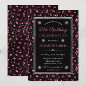 ピンクとブラックのグリッター レオパード スポット 21歳の誕生日 招待状 (正面/裏面)