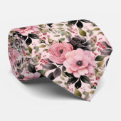 ピンクとブラックのゴシックの花フローラ ネクタイ (ロール)