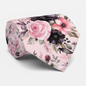 ピンクとブラックのゴシックの花フローラ ネクタイ (ロール)