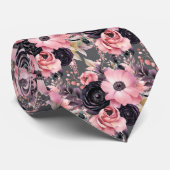 ピンクとブラックのゴシックの花フローラ ネクタイ (ロール)