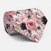 ピンクとブラックのゴシックの花フローラ ネクタイ (ロール)