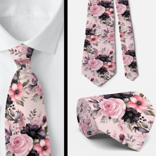 ピンクとブラックのゴシックの花フローラ ネクタイ