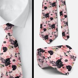 ピンクとブラックのゴシックの花フローラ ネクタイ