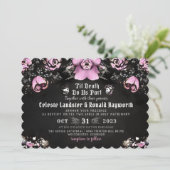 ピンクとブラックのゴシックバラ&スケルトン結婚ズ 招待状 (スタンド正面)