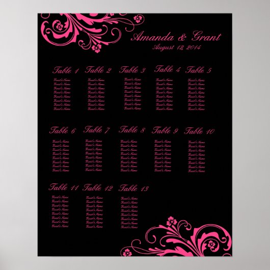 ピンクとブラックのシックな華やかなシーティングチャート ポスター (正面)
