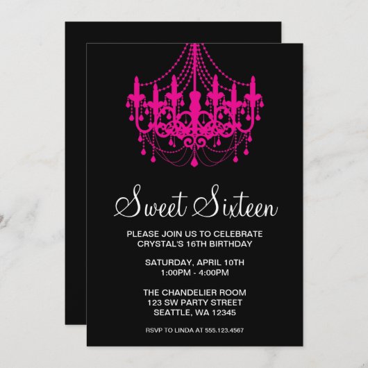 ピンクとブラックのシャンデリアSweet sixteen誕生日 招待状 (正面/裏面)