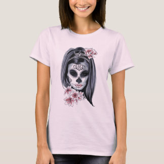 ピンクとブラックのシュガースカルヒッピースタイルガール Tシャツ
