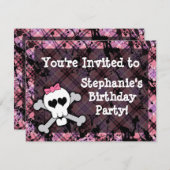 ピンクとブラックのスカルハートパーティの招待状 招待状 (正面/裏面)