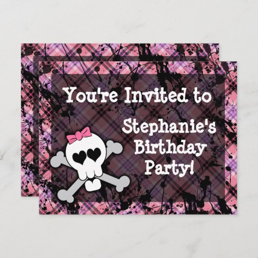 ピンクとブラックのスカルハートパーティの招待状 招待状 (正面/裏面)