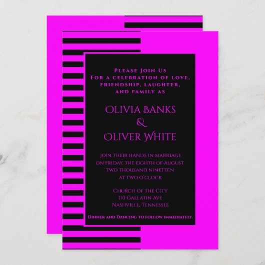 ピンクとブラックのストライプの結婚式招待状 (正面/裏面)