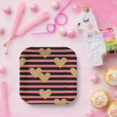 ピンクとブラックのストライプバレンタイン ペーパープレート (パーティー)