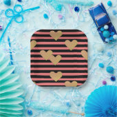 ピンクとブラックのストライプバレンタイン ペーパープレート (パーティー)