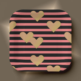 ピンクとブラックのストライプバレンタイン ペーパープレート