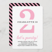 ピンクとブラックのストライプ子供の誕生日パーティー 招待状 (正面/裏面)