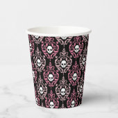 ピンクとブラックのダマスクとスカル |ハロウィーン 紙コップ (左)