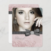 ピンクとブラックのダマスク卒業発表 招待状 (正面/裏面)