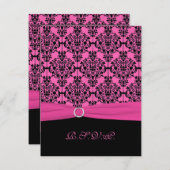 ピンクとブラックのダマスク柄の返信カード 招待状 (正面/裏面)