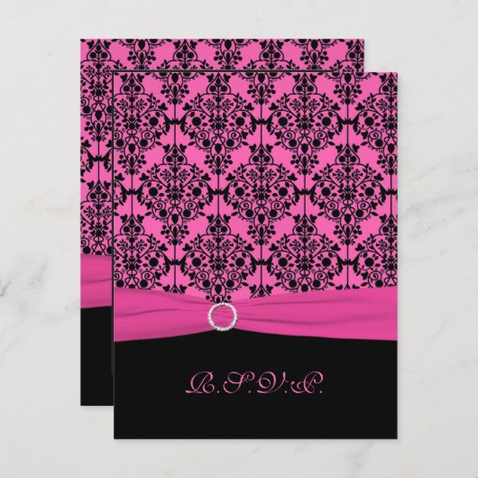 ピンクとブラックのダマスク柄の返信カード 招待状 (正面/裏面)