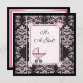 ピンクとブラックのダマスク ベビーシャワー 招待状 (正面/裏面)