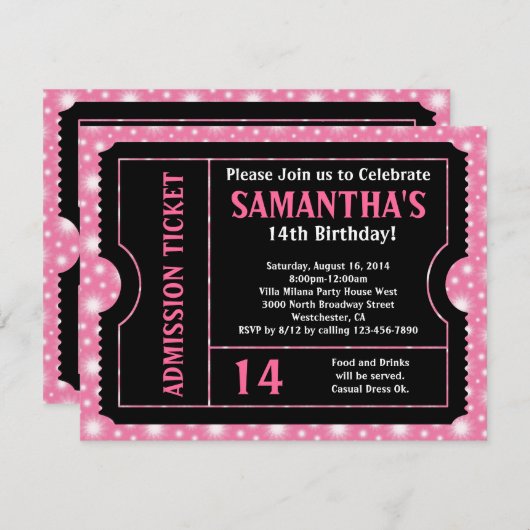 ピンクとブラックのチケット招待状、任意の年齢 招待状 (正面/裏面)