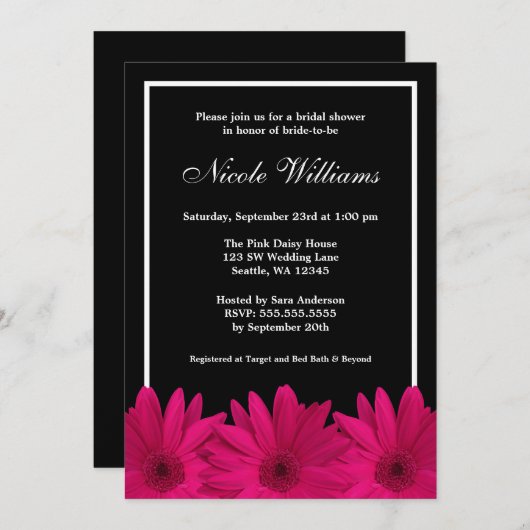 ピンクとブラックのデイジーブライダルシャワー 招待状 (正面/裏面)