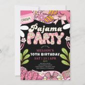 ピンクとブラックのデイジー パジャマパーティー 誕生日 招待状 (正面)