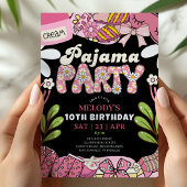 ピンクとブラックのデイジー パジャマパーティー 誕生日 招待状