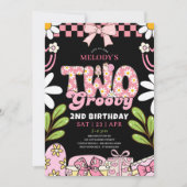 ピンクとブラックのデイジー 2歳の誕生日 レトロな誕生日 招待状 (正面)