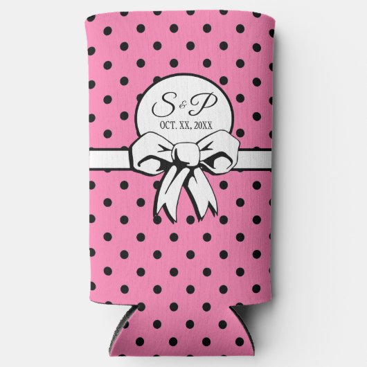 ピンクとブラックのドット柄 ホワイトリボン オーダーメイド スリム缶クーラー (正面)