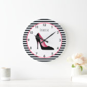 ピンクとブラックのハイヒールのスティレット靴 ラージ壁時計 (ホーム)