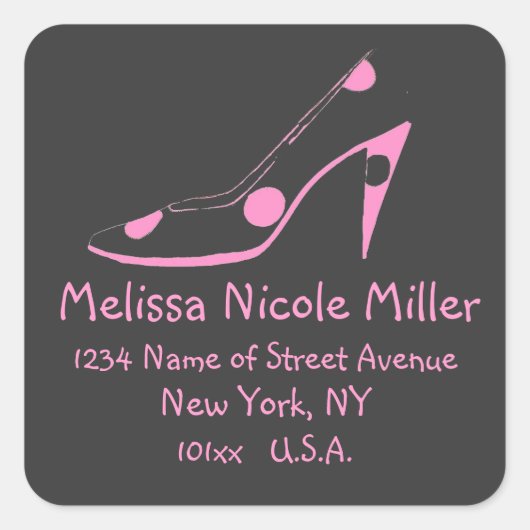 ピンクとブラックのハイヒールシューズ住所 シール (正面)
