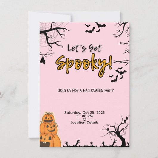 ピンクとブラックのハロウィンパーティー招待状 招待状 (正面)