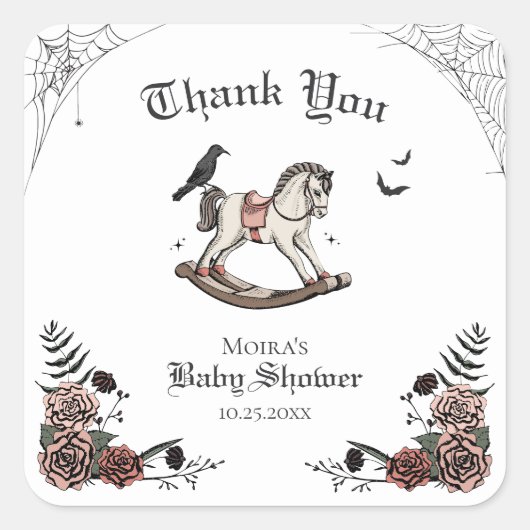 ピンクとブラックのハロウィーンの赤ちゃんシャワーありがとう スクエアシール (正面)