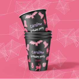 ピンクとブラックのハロウィーンをテーマにした誕生日パーティー 紙コップ