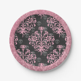 ピンクとブラックのハーレクインとダマスク ペーパープレート