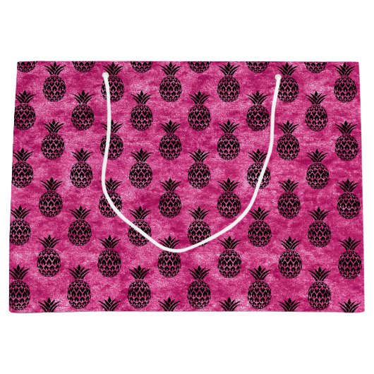 ピンクとブラックのパイナップル熱帯誕生日パーティー ラージペーパーバッグ (正面)