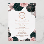 ピンクとブラックのフローラグモダンラム結婚の写真 箔招待状 (正面)