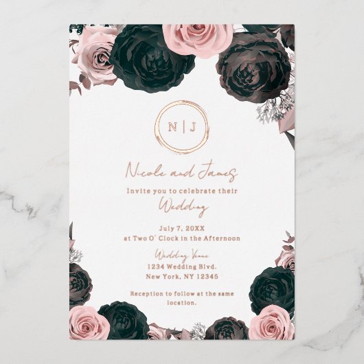 ピンクとブラックのフローラグモダンラム結婚の写真 箔招待状 (正面)