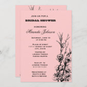 ピンクとブラックのフローラブライダルシャワー 招待状 (正面/裏面)