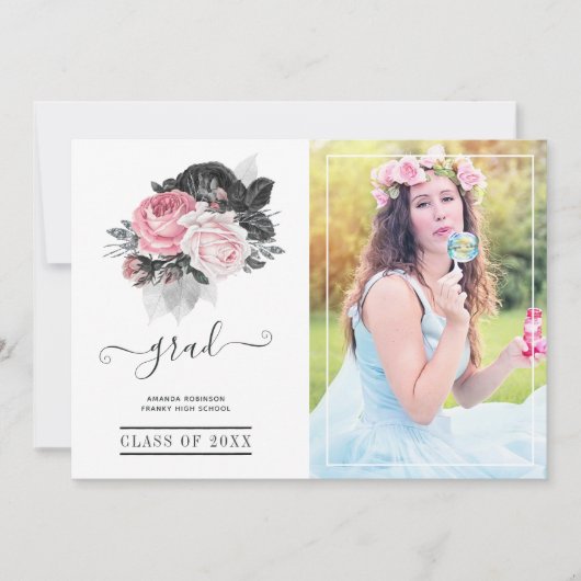 ピンクとブラックのフローラ卒業写真 案内状 (正面)