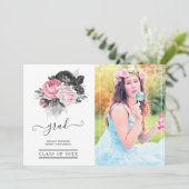 ピンクとブラックのフローラ卒業写真 案内状 (スタンド正面)