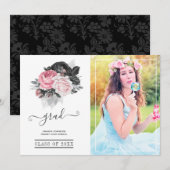 ピンクとブラックのフローラ卒業写真 案内状 (正面/裏面)