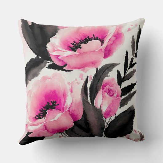 ピンクとブラックのフローラ抽象芸術 クッション (裏面)