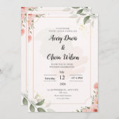 ピンクとブラックのフローラ結婚式招待状 招待状 (正面/裏面)