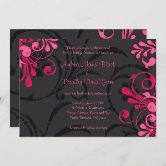 ピンクとブラックのフローラ結婚式招待状 招待状 (正面/裏面)