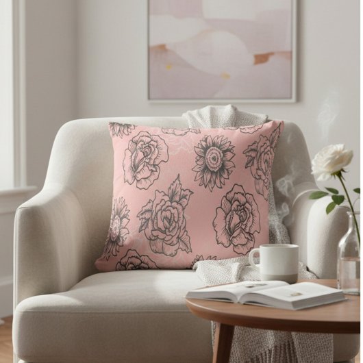 ピンクとブラックのフローラ クッション