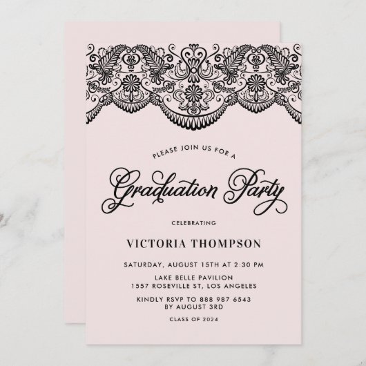 ピンクとブラックのブロケラレース卒業パーティー 招待状 (正面/裏面)