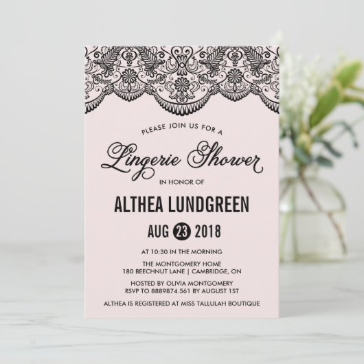 ピンクとブラックのブロケードレースランジェリーシャワー招待状 招待状 (スタンド正面)