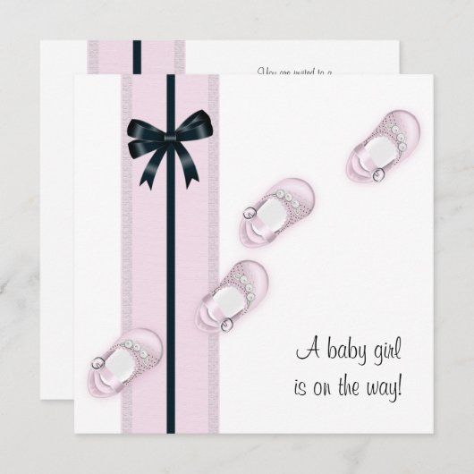 ピンクとブラックのベビーシューズシャワー 招待状 (正面/裏面)