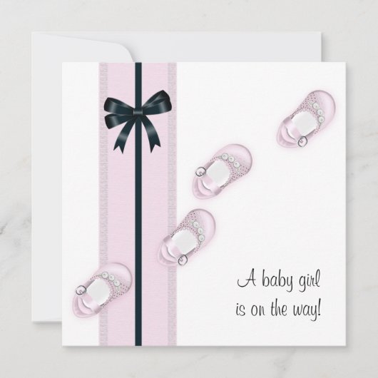 ピンクとブラックのベビーシューズシャワー 招待状 (正面)